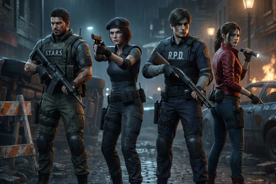 Main Characters of Resident Evil in Suspenseful Action Scene - nostalgiagames