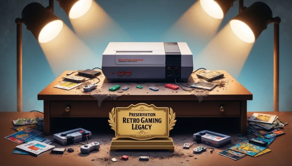 retro game cartridge on wooden desk