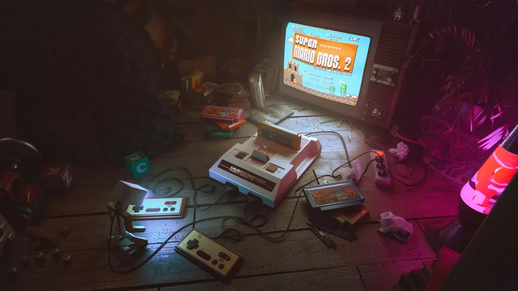 vintage game console on floor Retrogaming