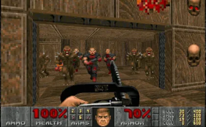 Captura de tela de Doom (1993), jogo de tiro em primeira pessoa distribuído como shareware para DOS