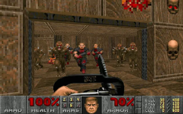 Captura de tela de Doom (1993), jogo de tiro em primeira pessoa distribuído como shareware para DOS