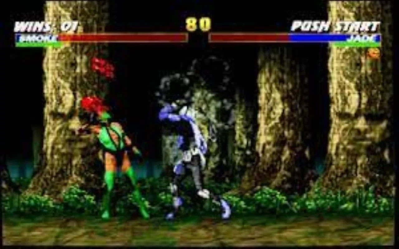 Captura de tela de Mortal Kombat Trilogy: Smoke contra Jade em uma luta