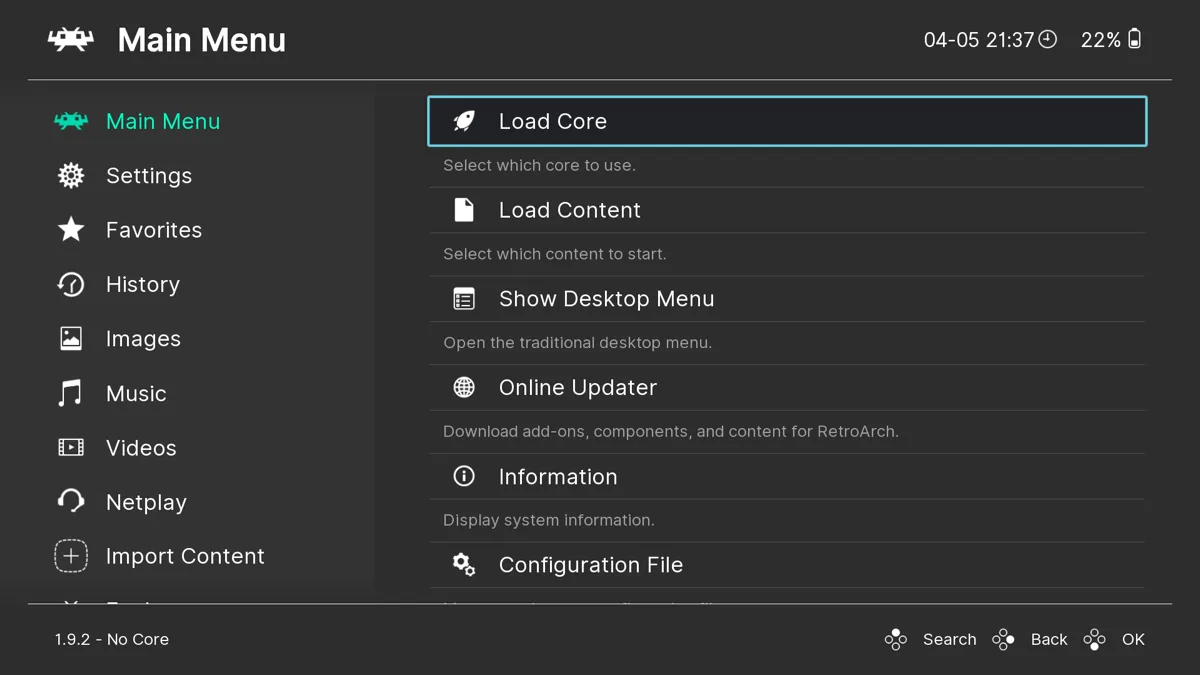 Menu do RetroArch com configurações de vídeo, shaders e emuladores