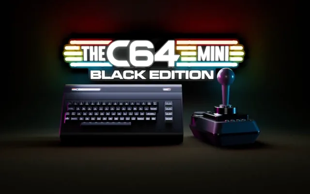 Console THEC64 Black Edition, uma versão moderna e preta do clássico computador Commodore 64, com joystick USB e conectividade HDMI.
