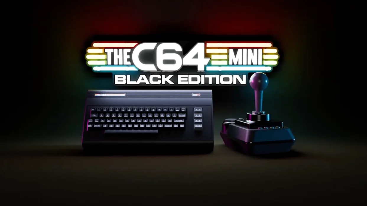 Console THEC64 Black Edition, uma versão moderna e preta do clássico computador Commodore 64, com joystick USB e conectividade HDMI.