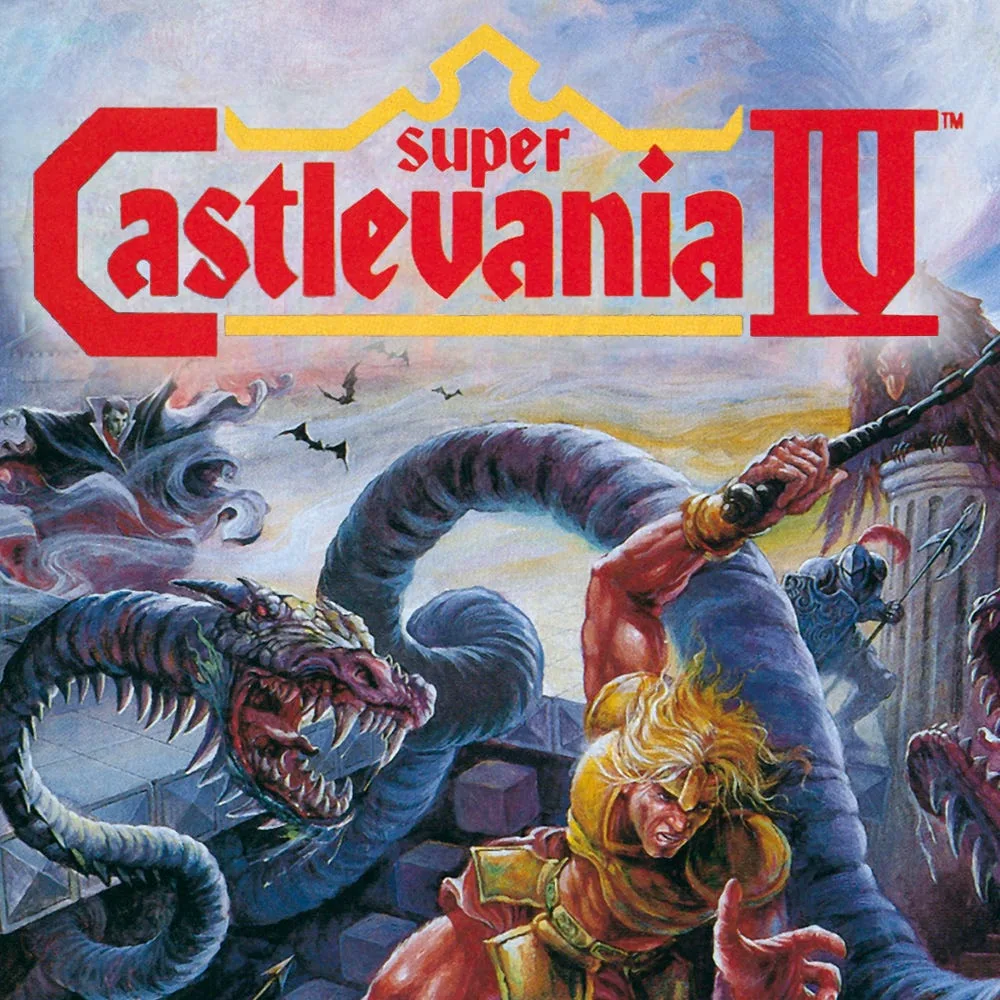 Cena de jogo de Super Castlevania IV com o protagonista em um cenário gótico